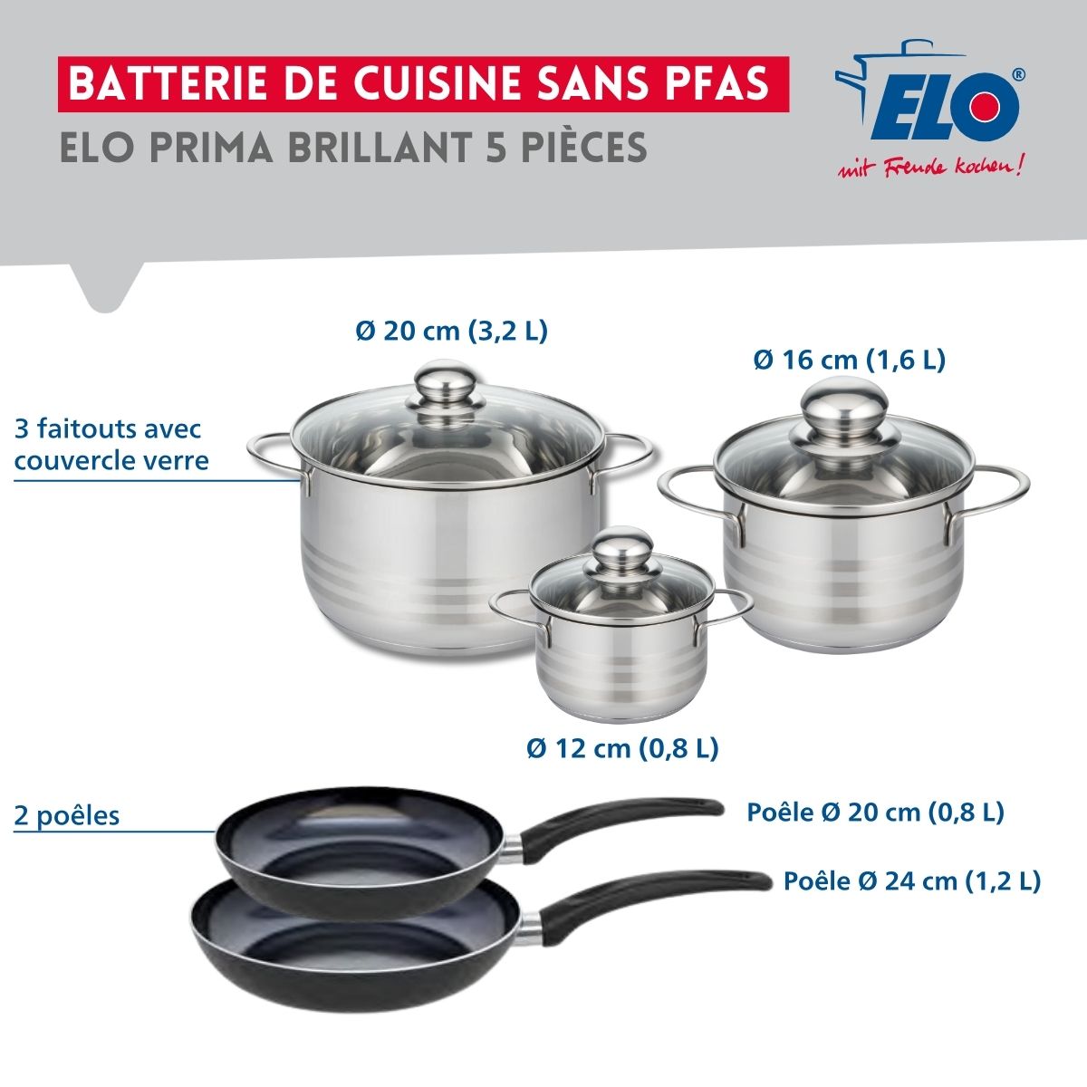 Ensemble de 2 Poêles de cuisson 20 et 24 cm et 3 faitouts 12, 16 et 20 cm  Prima Brillant Elo - Mathon - 2