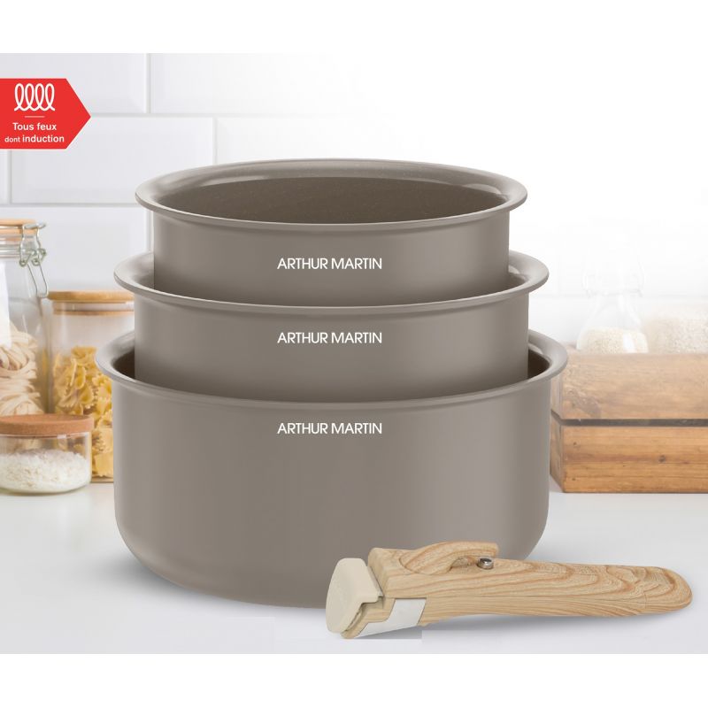 Set de 3 casseroles 16-18-20 cm poignée amovible Taupe Arthur Martin AM1122 Arthur Martin - Mathon - 5