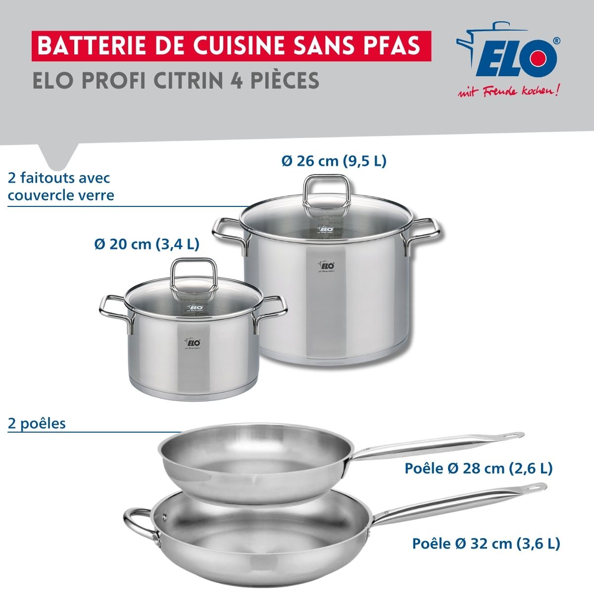 Ensemble de 2 Poêles de cuisson 28 et 32 cm et 2 faitouts 20 et 26 cm  Profi Citrin Elo - Mathon - 2