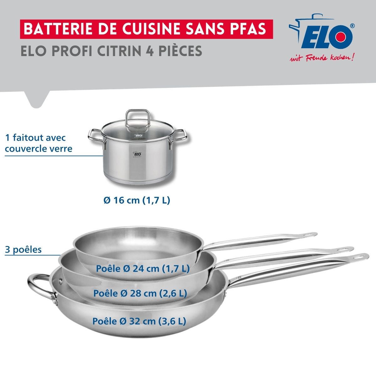 Ensemble de 3 Poêles de cuisson 24, 28 et 32 cm et 1 faitout 16 cm  Profi Citrin Elo - Mathon - 2