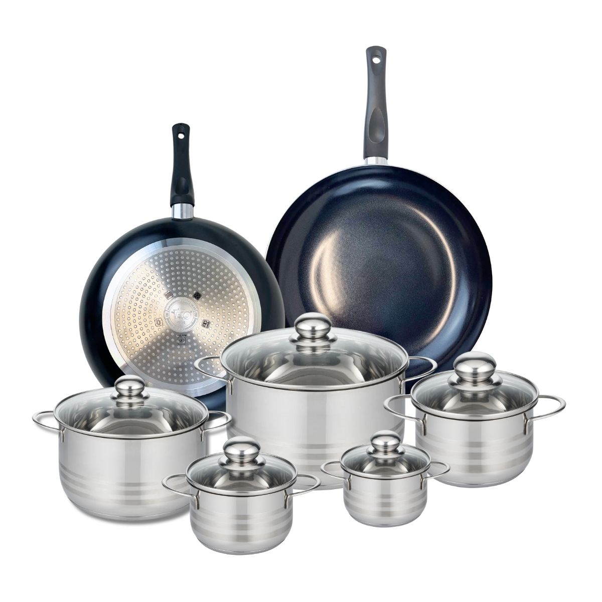 Ensemble de 2 Poêles de cuisson 28 et 32 cm et 5 faitouts 12, 14, 16, 20 et 24 cm  Prima Brillant Elo - Mathon - 1