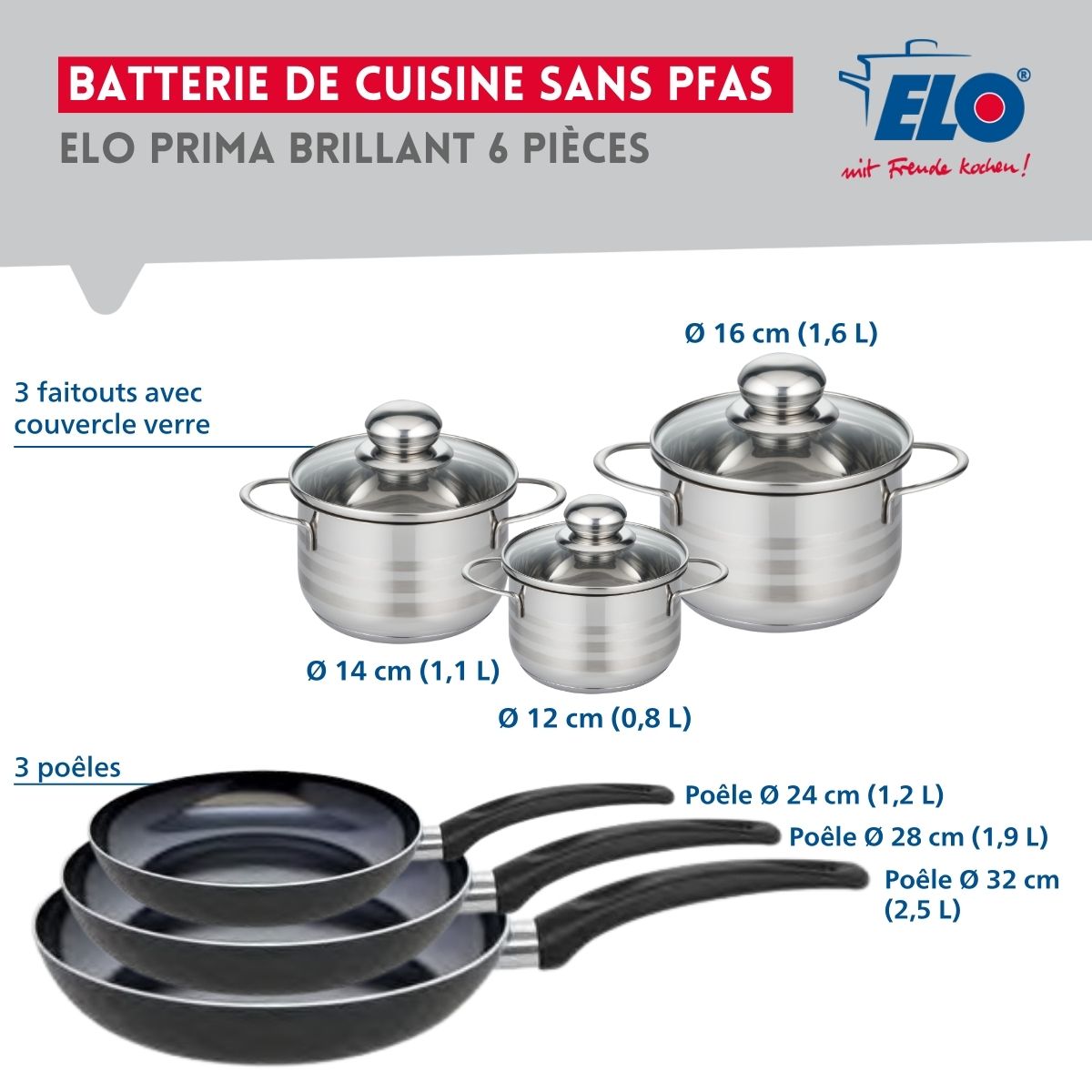 Ensemble de 3 Poêles de cuisson 24, 28 et 32 cm et 3 faitouts 12, 14 et 16 cm  Prima Brillant Elo - Mathon - 2