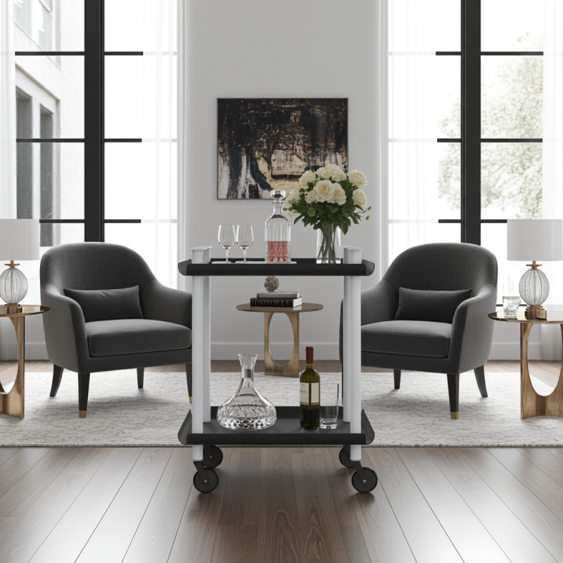 Desserte à roulettes, desserte de service Leky, métallique, 2 niveaux. Blanc-Noir Don Hierro - Mathon - 3