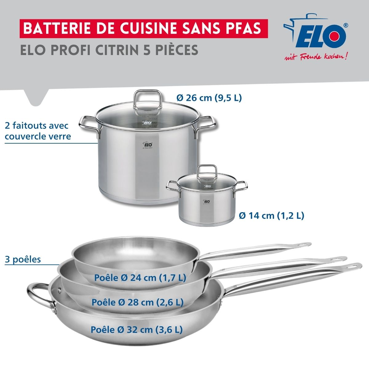 Ensemble de 3 Poêles de cuisson 24, 28 et 32 cm et 2 faitouts 14 et 26 cm  Profi Citrin Elo - Mathon - 2