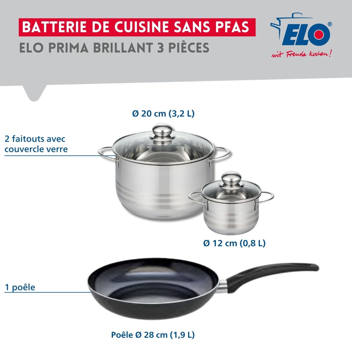 Ensemble de 1 Poêle de cuisson 28 cm et 2 faitouts 12 et 20 cm  Prima Brillant Elo - Mathon - 2