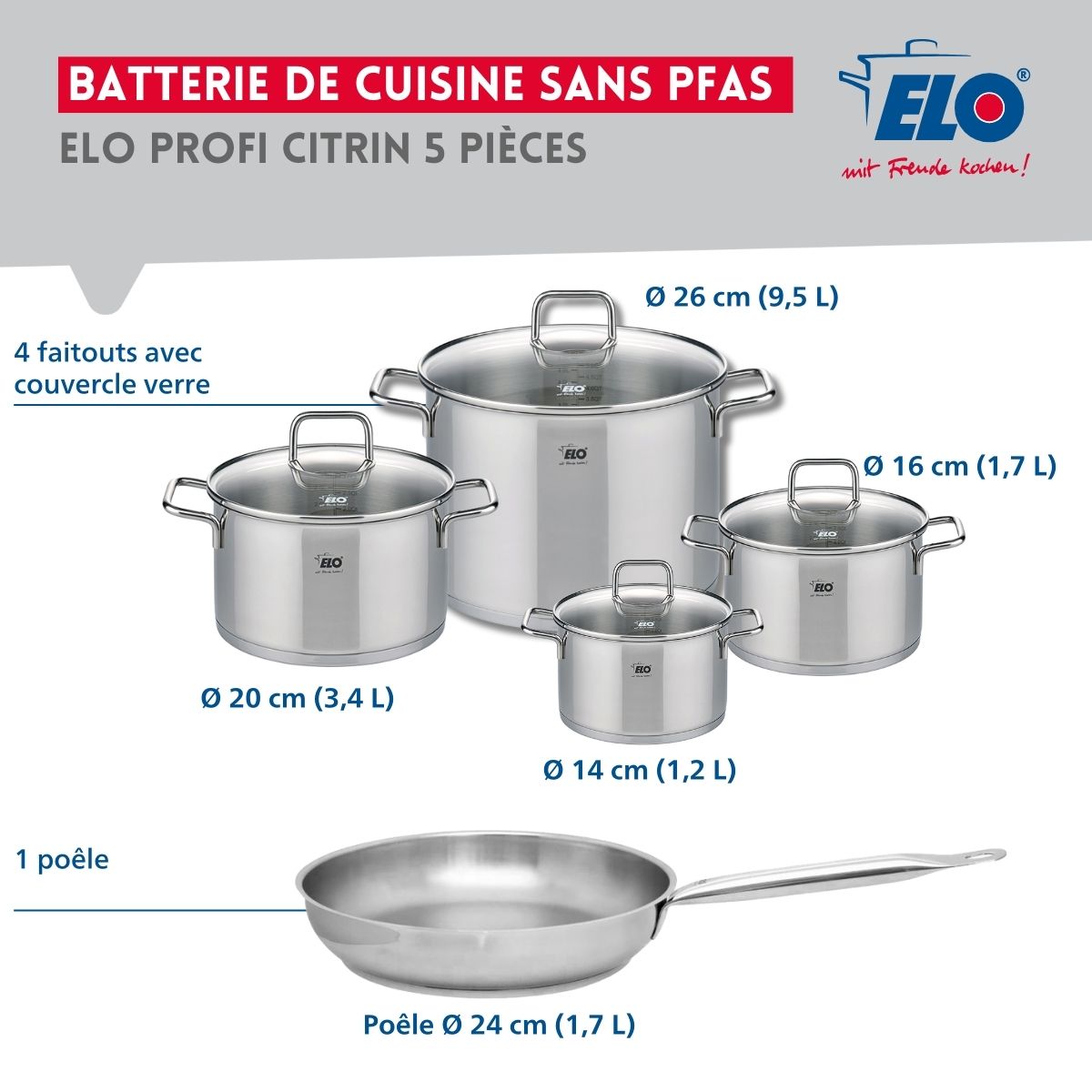 Ensemble de 1 Poêle de cuisson 24 cm et 4 faitouts 14, 16, 20 et 26 cm  Profi Citrin Elo - Mathon - 2