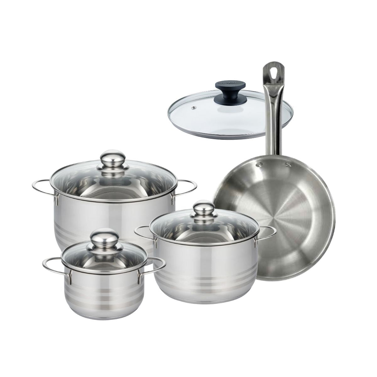 Set 1 poêle 24 cm en inox et 1 couvercle verre, 3 faitouts inox 16, 20 et 24 cm  Eterna Fackelmann - Mathon - 1