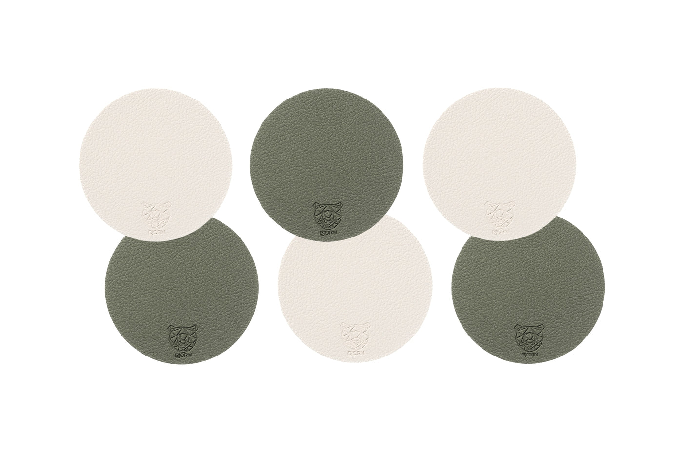 Sous-verre rond réversible - 6 pièces - Cuir recyclé blanc crème et vert de gris Björn - Mathon - 1
