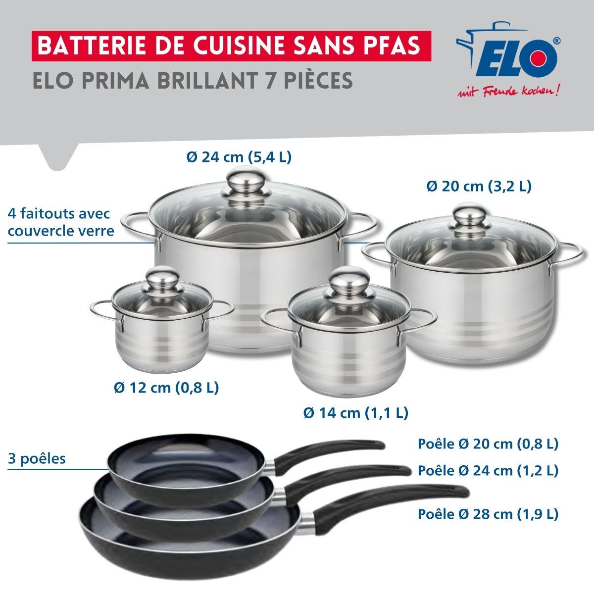 Ensemble de 3 Poêles de cuisson 20, 24 et 28 cm et 4 faitouts 12, 14, 20 et 24 cm  Prima Brillant Elo - Mathon - 2