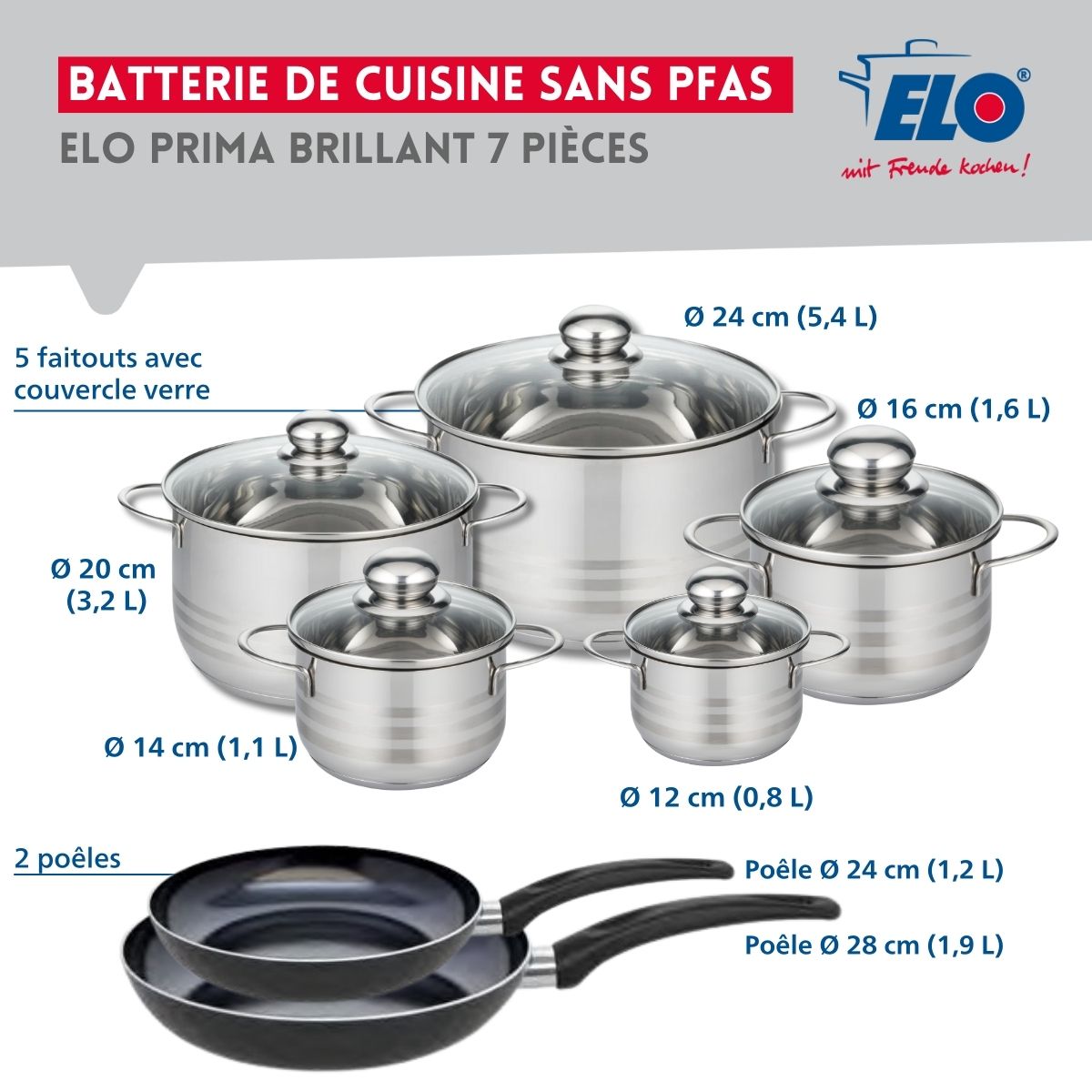 Ensemble de 2 Poêles de cuisson 24 et 28 cm et 5 faitouts 12, 14, 16, 20 et 24 cm  Prima Brillant Elo - Mathon - 2