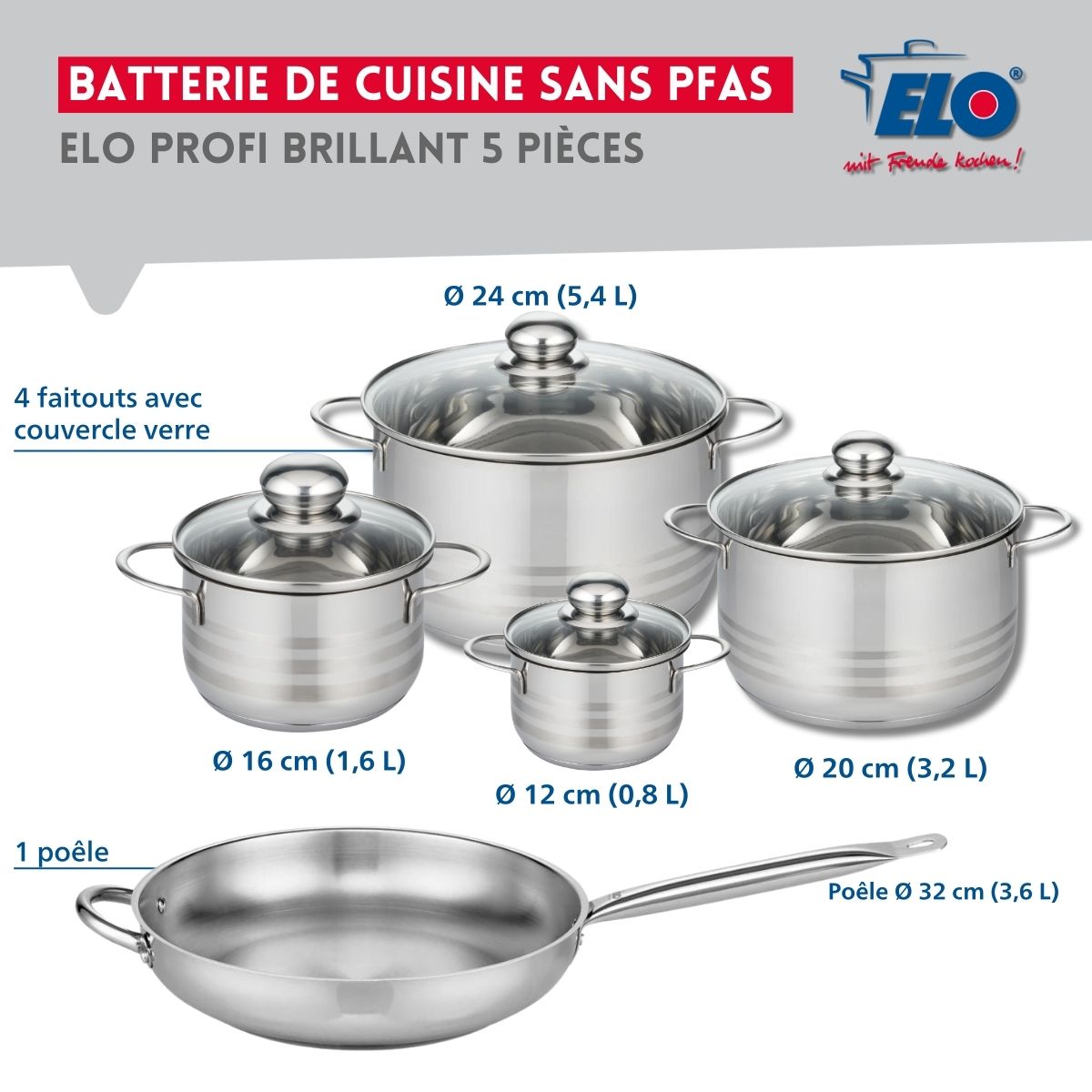 Ensemble de 1 Poêle de cuisson 32 cm et 4 faitouts 12, 16, 20 et 24 cm  Profi Brillant Elo - Mathon - 2
