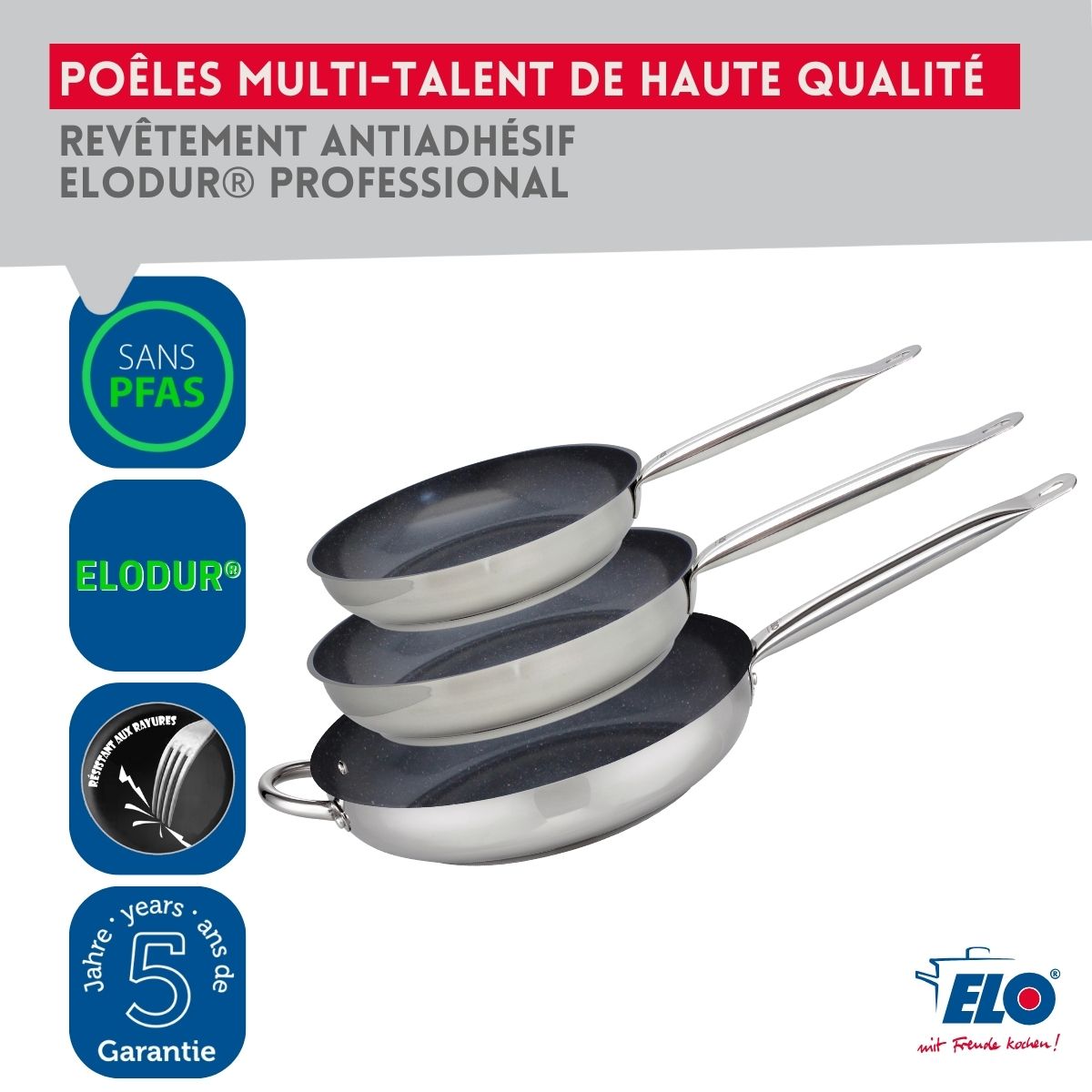 Set de 3 Poêles 24, 28 et 32 cm céramique sans PFAS Profi Therm Platinum Elo - Mathon - 5