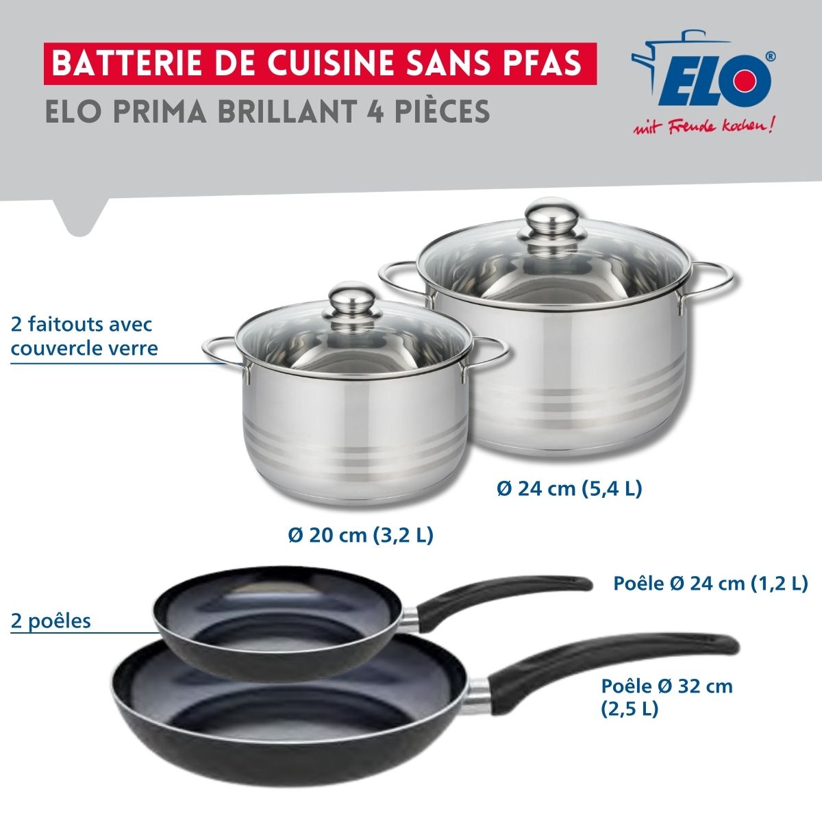 Ensemble de 2 Poêles de cuisson 24 et 32 cm et 2 faitouts 20 et 24 cm  Prima Brillant Elo - Mathon - 2