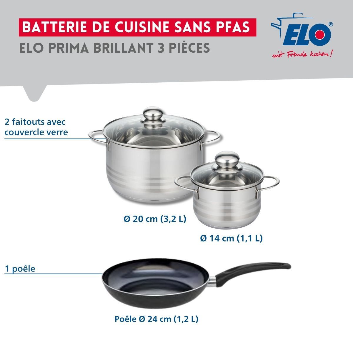 Ensemble de 1 Poêle de cuisson 24 cm et 2 faitouts 14 et 20 cm  Prima Brillant Elo - Mathon - 2