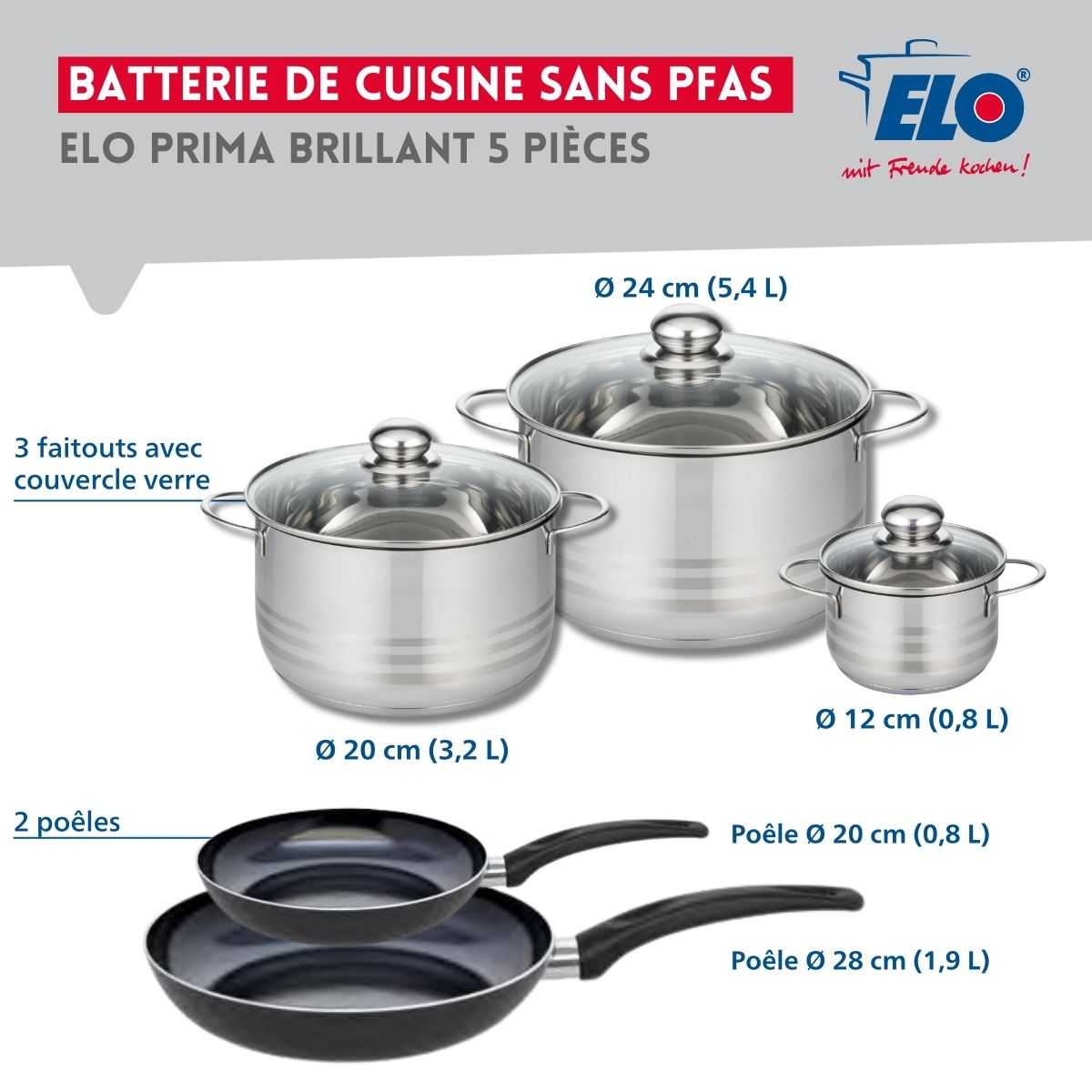 Ensemble de 2 Poêles de cuisson 20 et 28 cm et 3 faitouts 12, 20 et 24 cm  Prima Brillant Elo - Mathon - 2