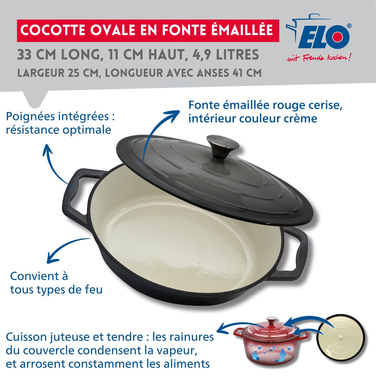 Cocotte ovale en fonte émaillée 33 cm gris classique 5 L Elo - Mathon - 3