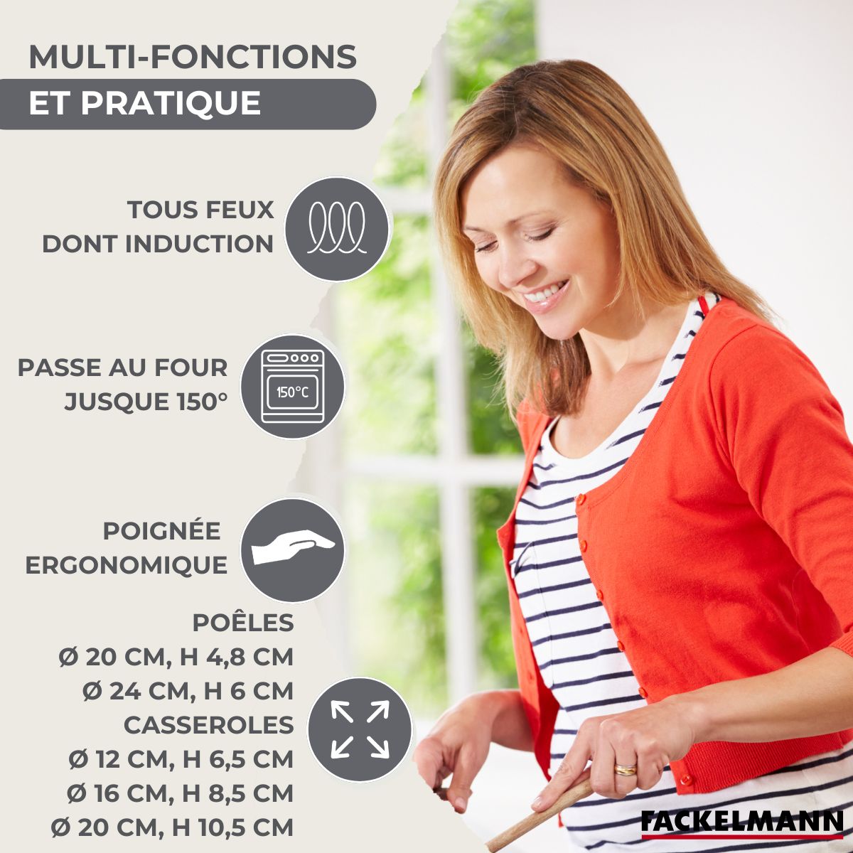 Set 2 poêles 20 et 24 cm, 3 casseroles en inox et 6 ustensiles inox  Geneva Fackelmann - Mathon - 3