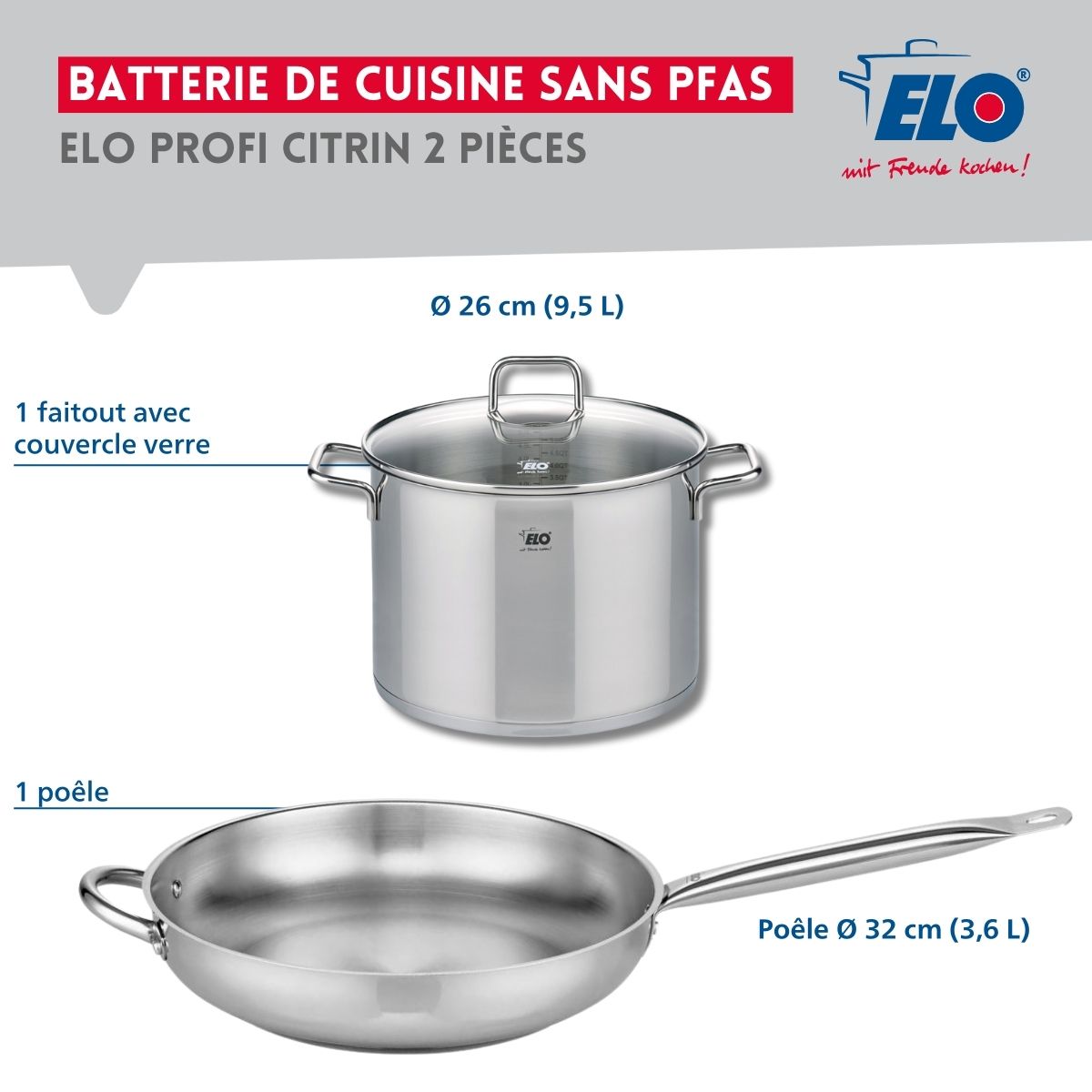 Ensemble de 1 Poêle de cuisson 32 cm et 1 faitout 26 cm  Profi Citrin Elo - Mathon - 2
