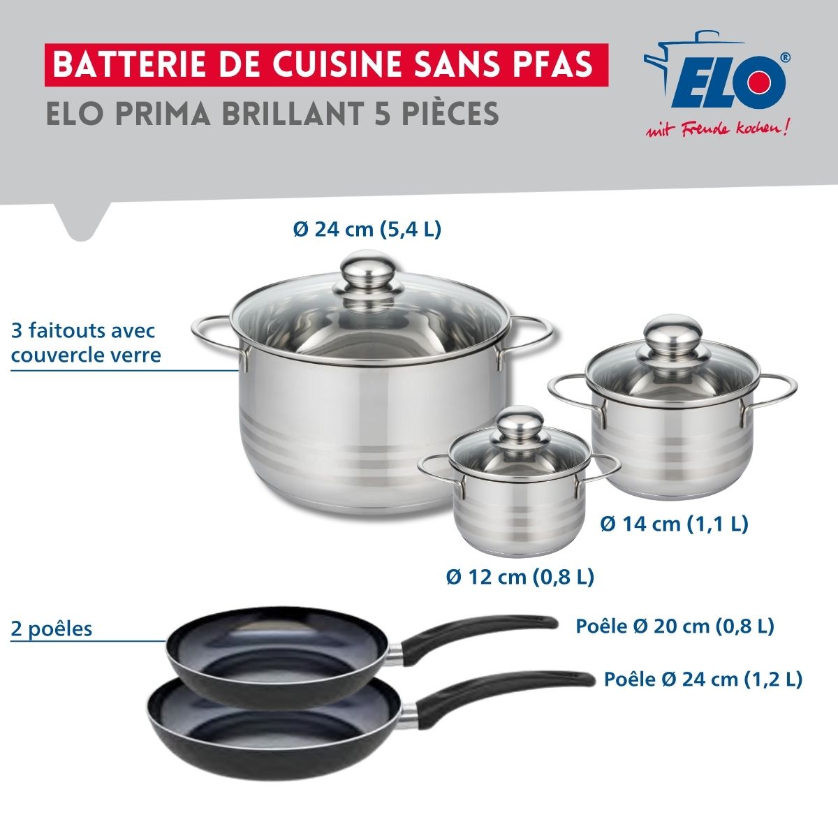 Ensemble de 2 Poêles de cuisson 20 et 24 cm et 3 faitouts 12, 14 et 24 cm  Prima Brillant Elo - Mathon - 2