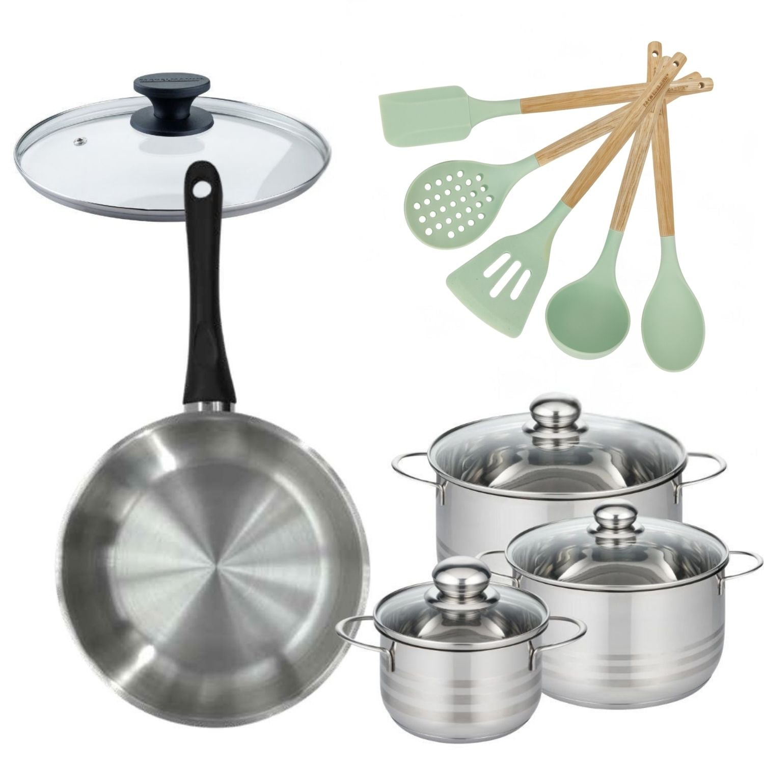 Lot Poêle 28cm  Généva et 3 Faitouts 16/20/24cm avec 5 ustensiles Fackelmann - Mathon - 1