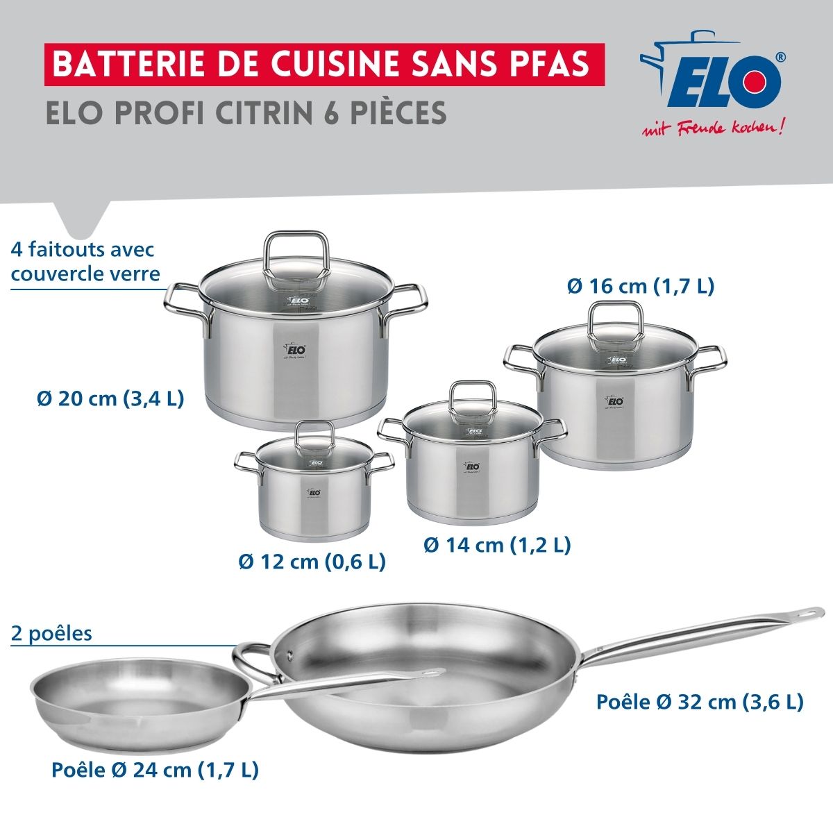 Ensemble de 2 Poêles de cuisson 24 et 32 cm et 4 faitouts 12, 14, 16 et 20 cm  Profi Citrin Elo - Mathon - 2
