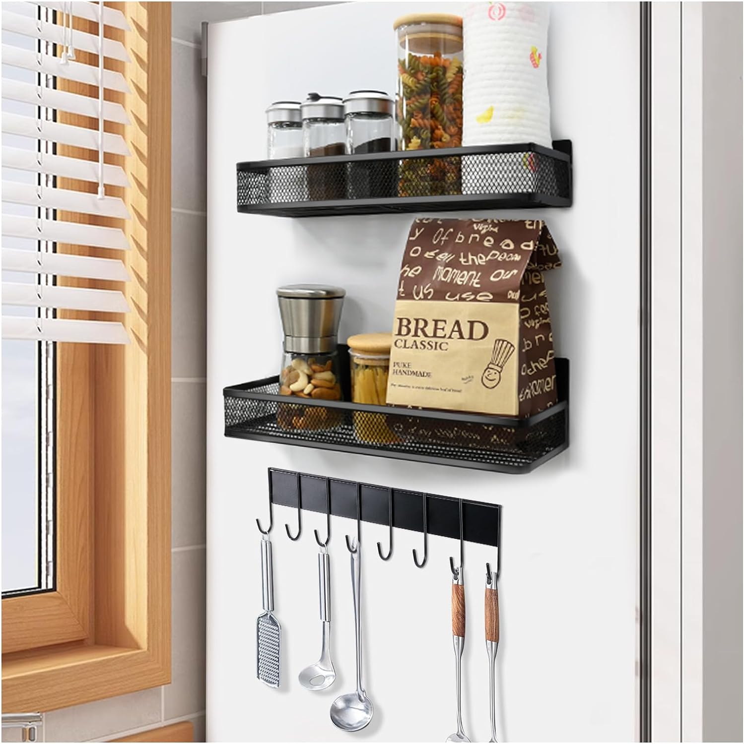 Lot de 2 étagères à épices pour réfrigérateur, organiseur de cuisine, autocollant, sans perçage, avec 8 crochets, noir Vendos85 - Mathon