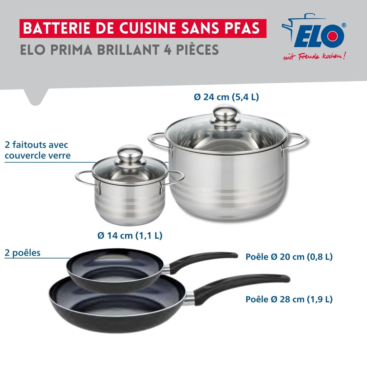 Ensemble de 2 Poêles de cuisson 20 et 28 cm et 2 faitouts 14 et 24 cm  Prima Brillant Elo - Mathon - 2