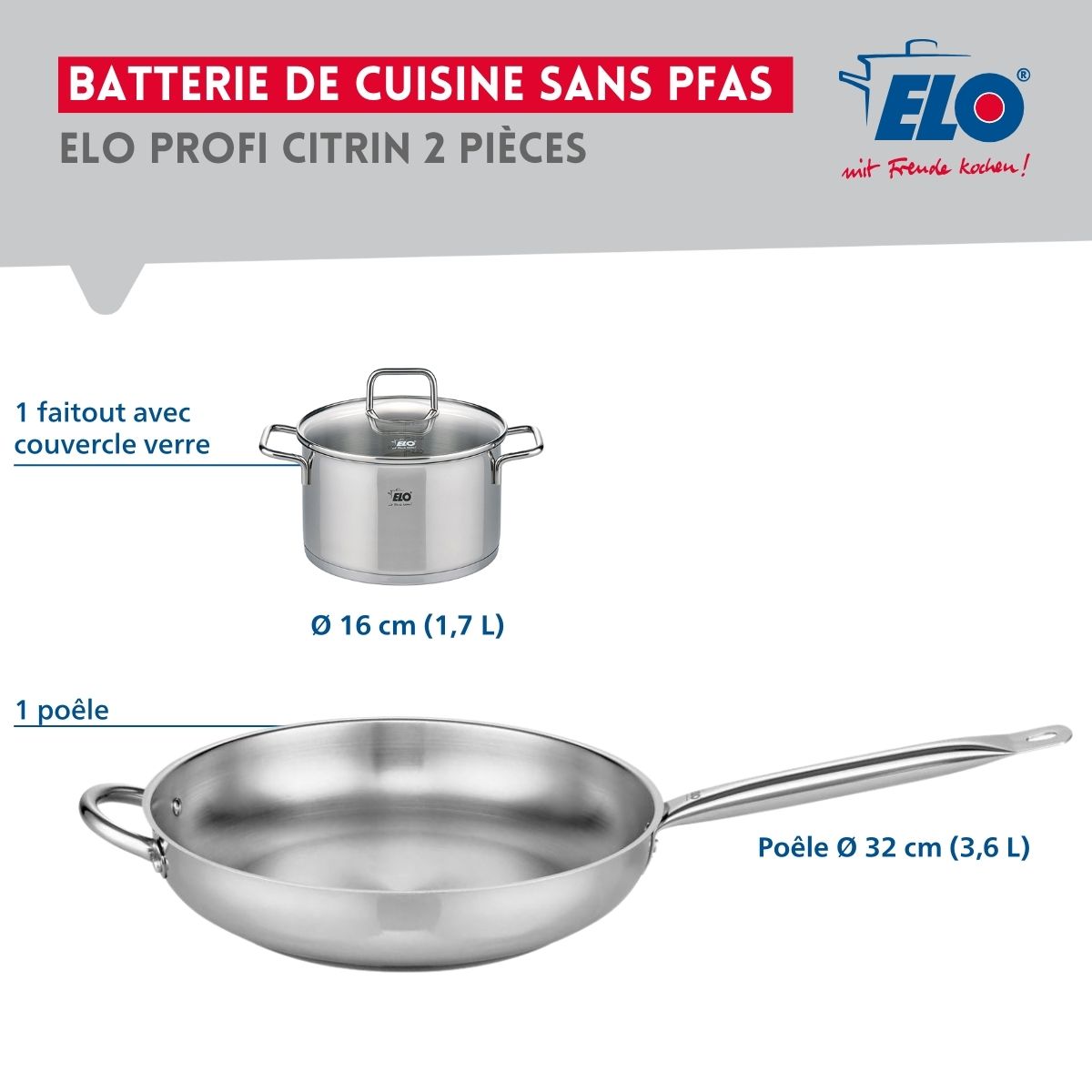 Ensemble de 1 Poêle de cuisson 32 cm et 1 faitout 16 cm  Profi Citrin Elo - Mathon - 2