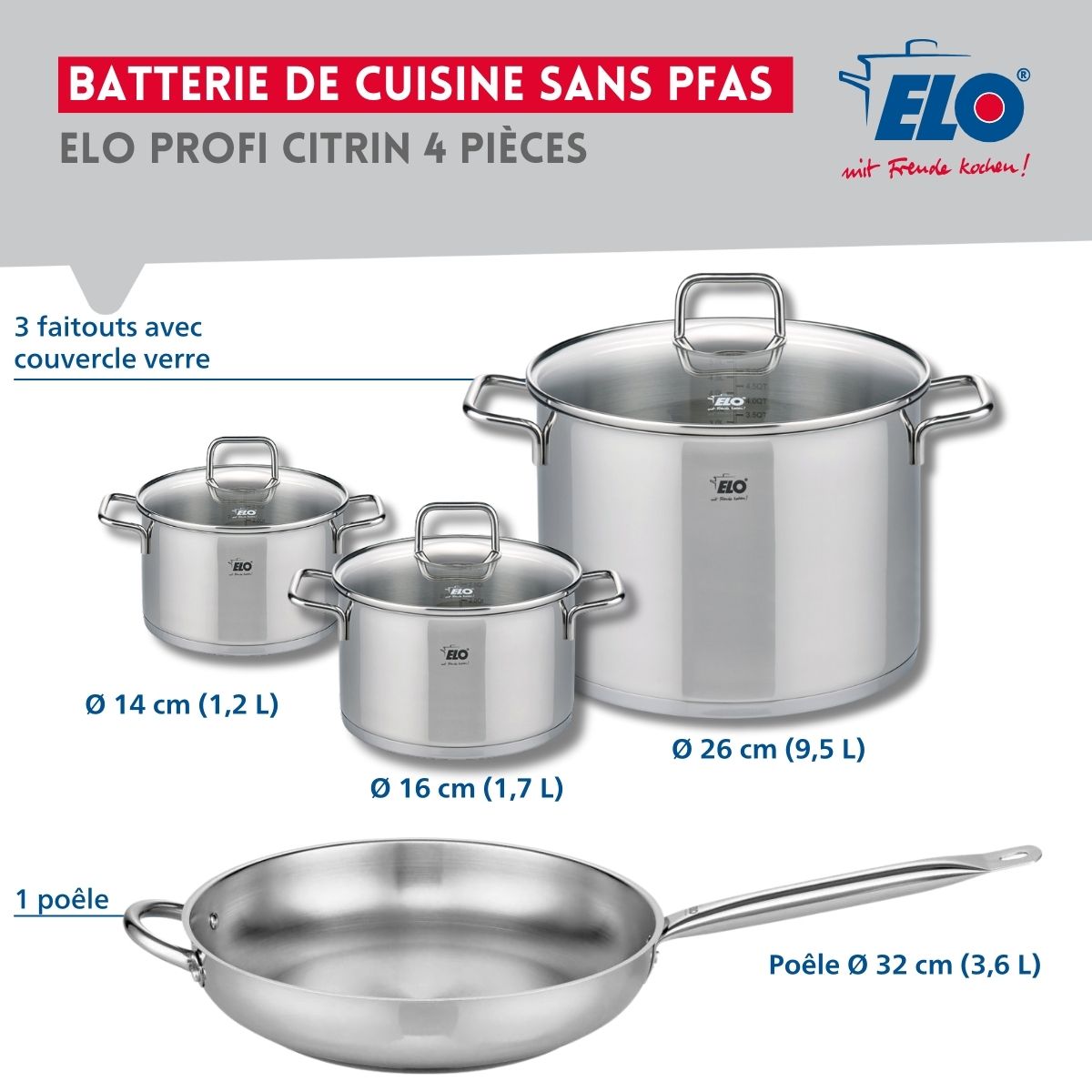 Set de 1 Poêle de cuisson 32 cm et 3 faitouts 14, 16 et 26 cm  Profi Citrin Elo - Mathon - 2