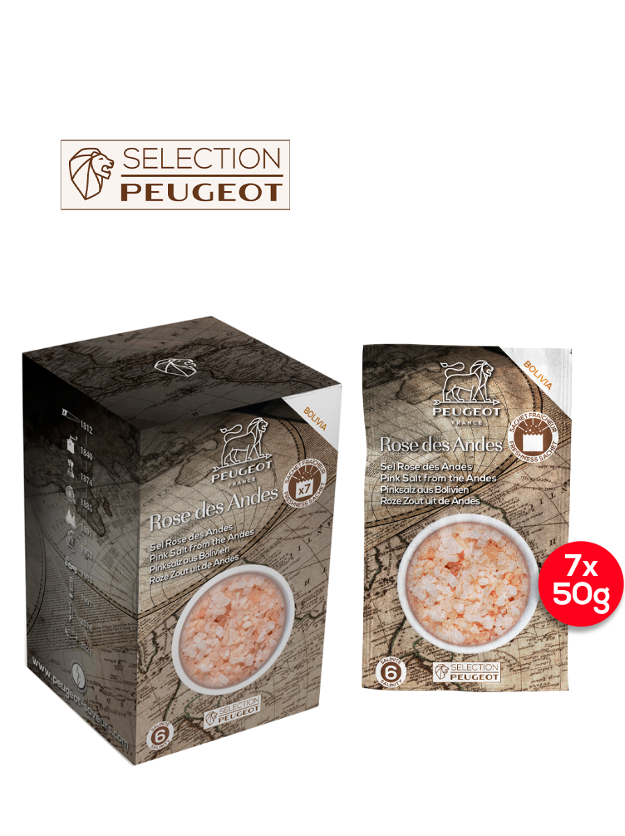 Sel Rose Gros sel rose de cuisine de Bolivie, 350g - 7 sachets fraicheur de 50g Peugeot - Mathon - 1