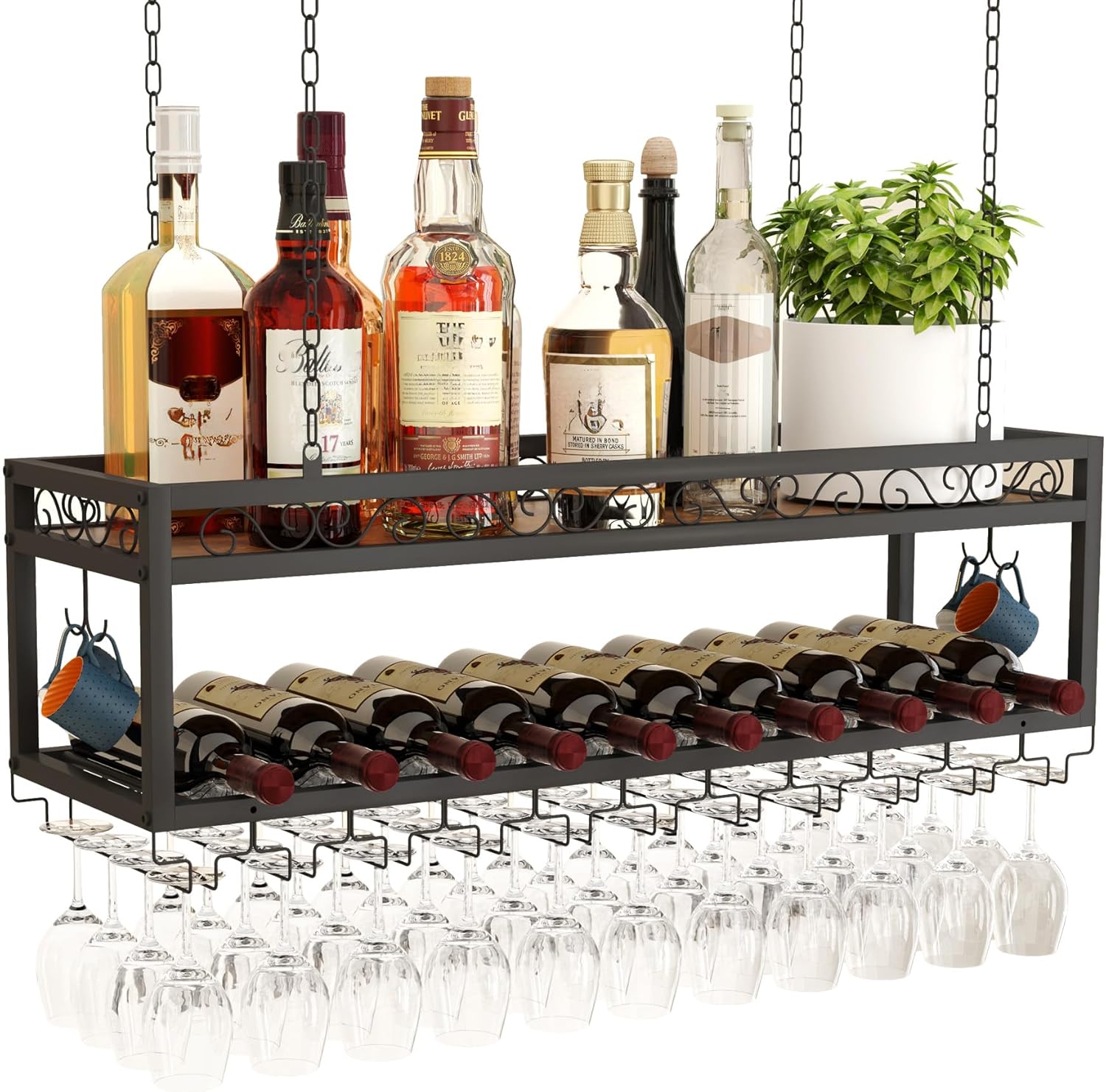 Casier à vin suspendu plafond métal bois – 44 verres, 100 kg Vendos85 - Mathon