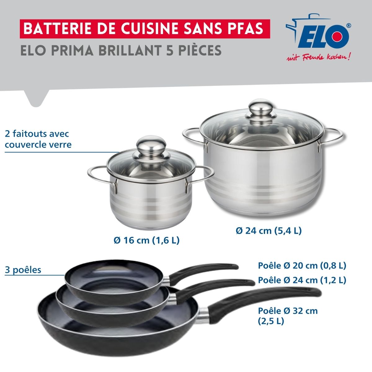 Ensemble de 3 Poêles de cuisson 20, 24 et 32 cm et 2 faitouts 16 et 24 cm  Prima Brillant Elo - Mathon - 2