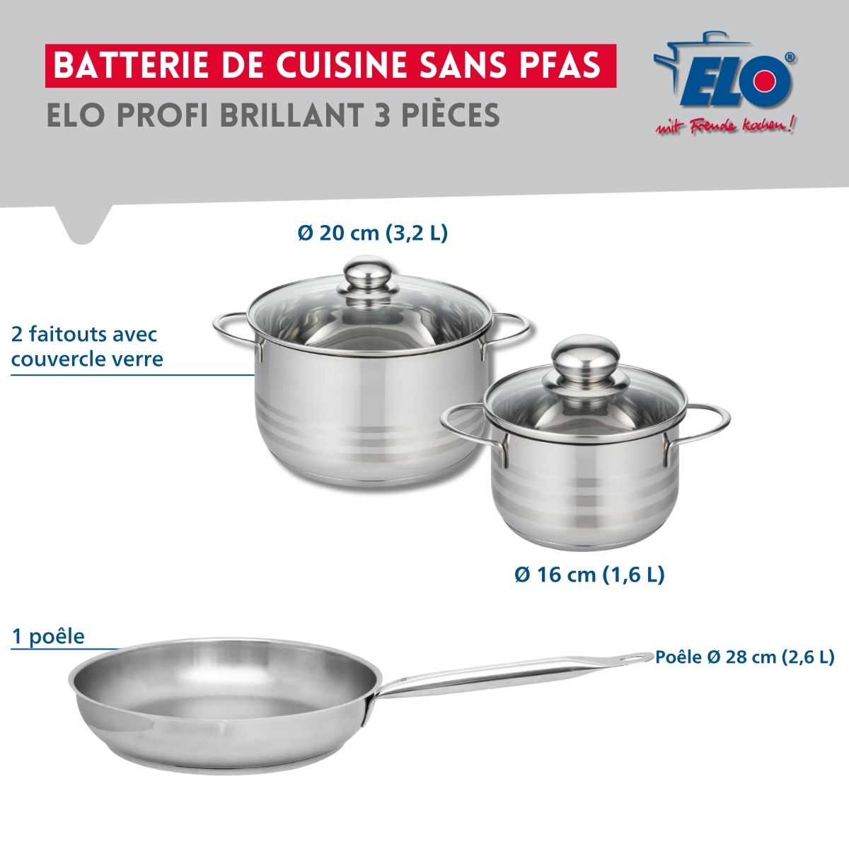 Ensemble de 1 Poêle de cuisson 28 cm et 2 faitouts 16 et 20 cm  Profi Brillant Elo - Mathon - 2