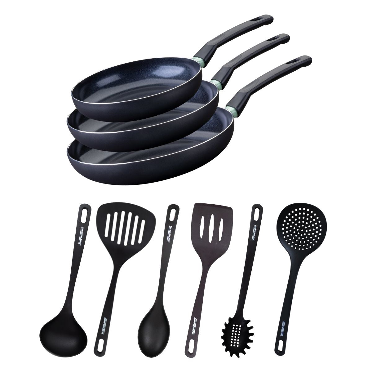 Ensemble de 3 poêles de 24, 28 et 30 cm et 6 ustensiles  Brandao Fackelmann - Mathon - 1