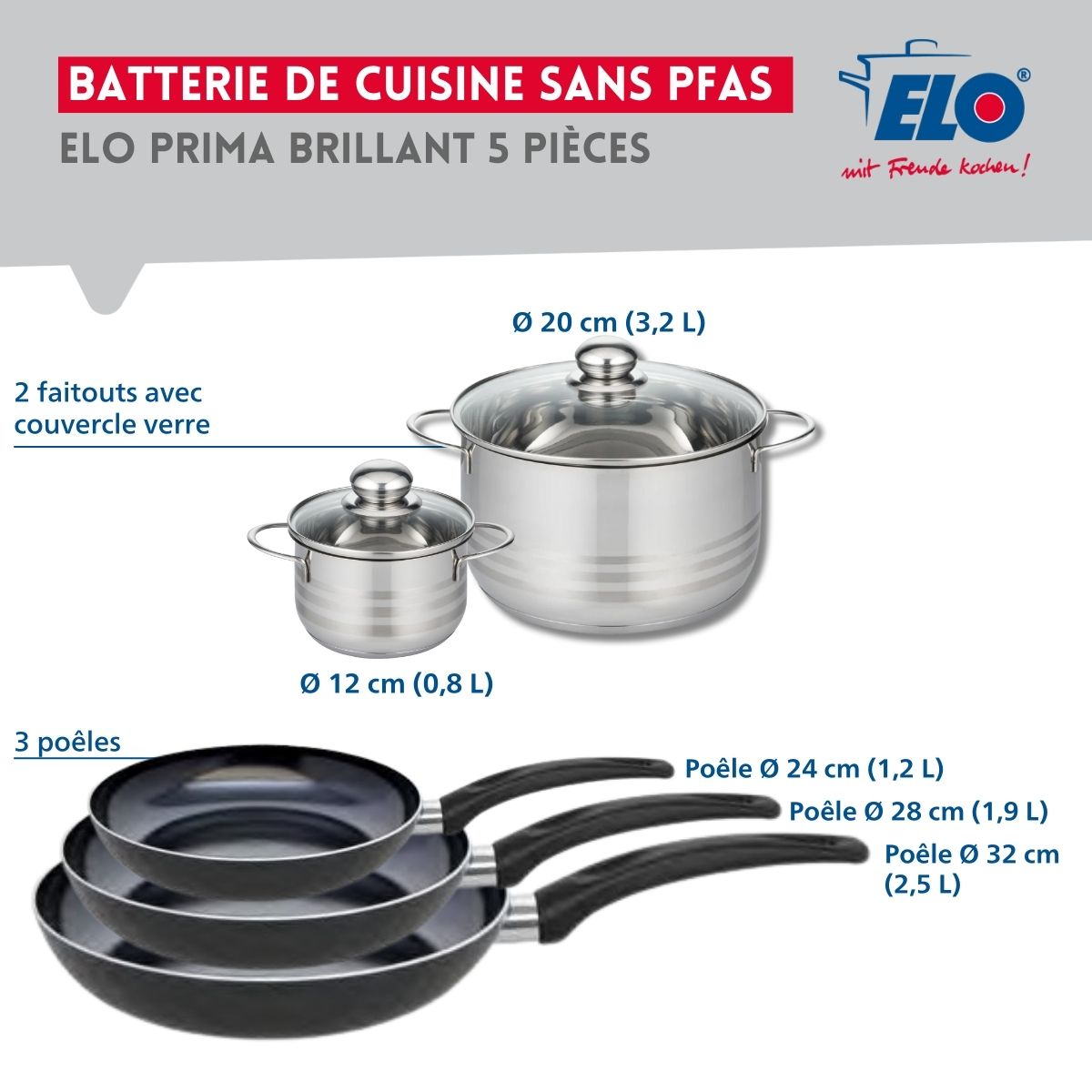 Ensemble de 3 Poêles de cuisson 24, 28 et 32 cm et 2 faitouts 12 et 20 cm  Prima Brillant Elo - Mathon - 2