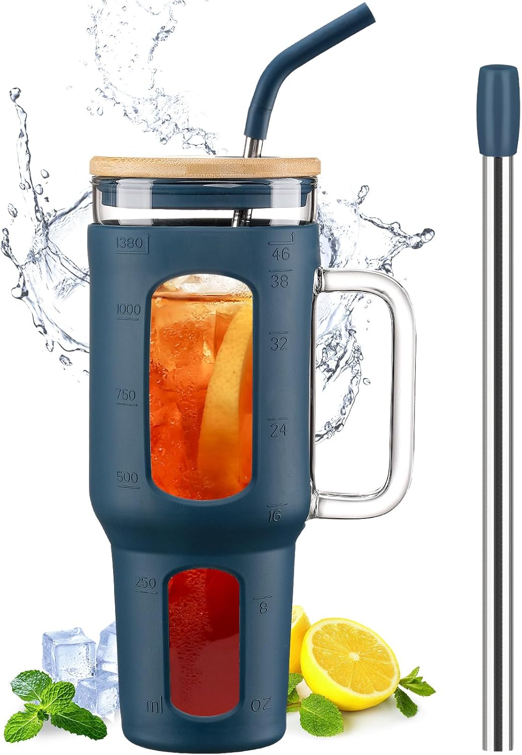 Gobelet 1,4 L avec Poignée, Couvercle Bambou & Pailles bleu foncé Vendos85 - Mathon