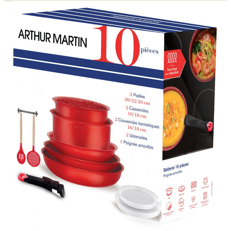 Batterie de cuisine avec manche amovible 10 pièces Rouge Arthur Martin AMR41 Arthur Martin - Mathon - 2