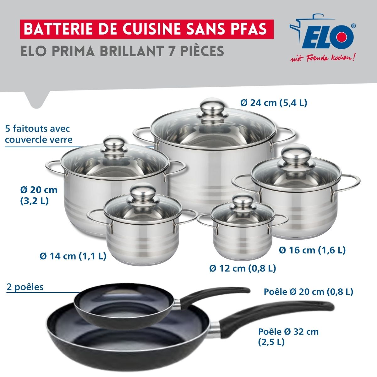 Ensemble de 2 Poêles de cuisson 20 et 32 cm et 5 faitouts 12, 14, 16, 20 et 24 cm  Prima Brillant Elo - Mathon - 2