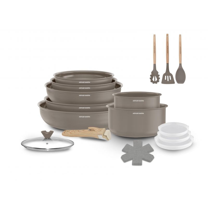 Batterie de cuisine 18 pèces poignée amovible Taupe Arthur Martin AM7887 Arthur Martin - Mathon - 1