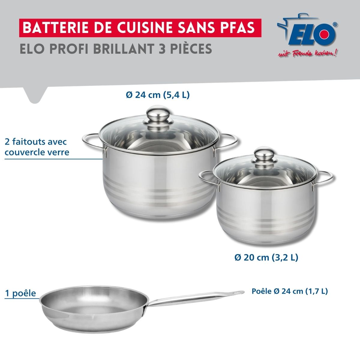 Ensemble de 1 Poêle de cuisson 24 cm et 2 faitouts 20 et 24 cm  Profi Brillant Elo - Mathon - 2