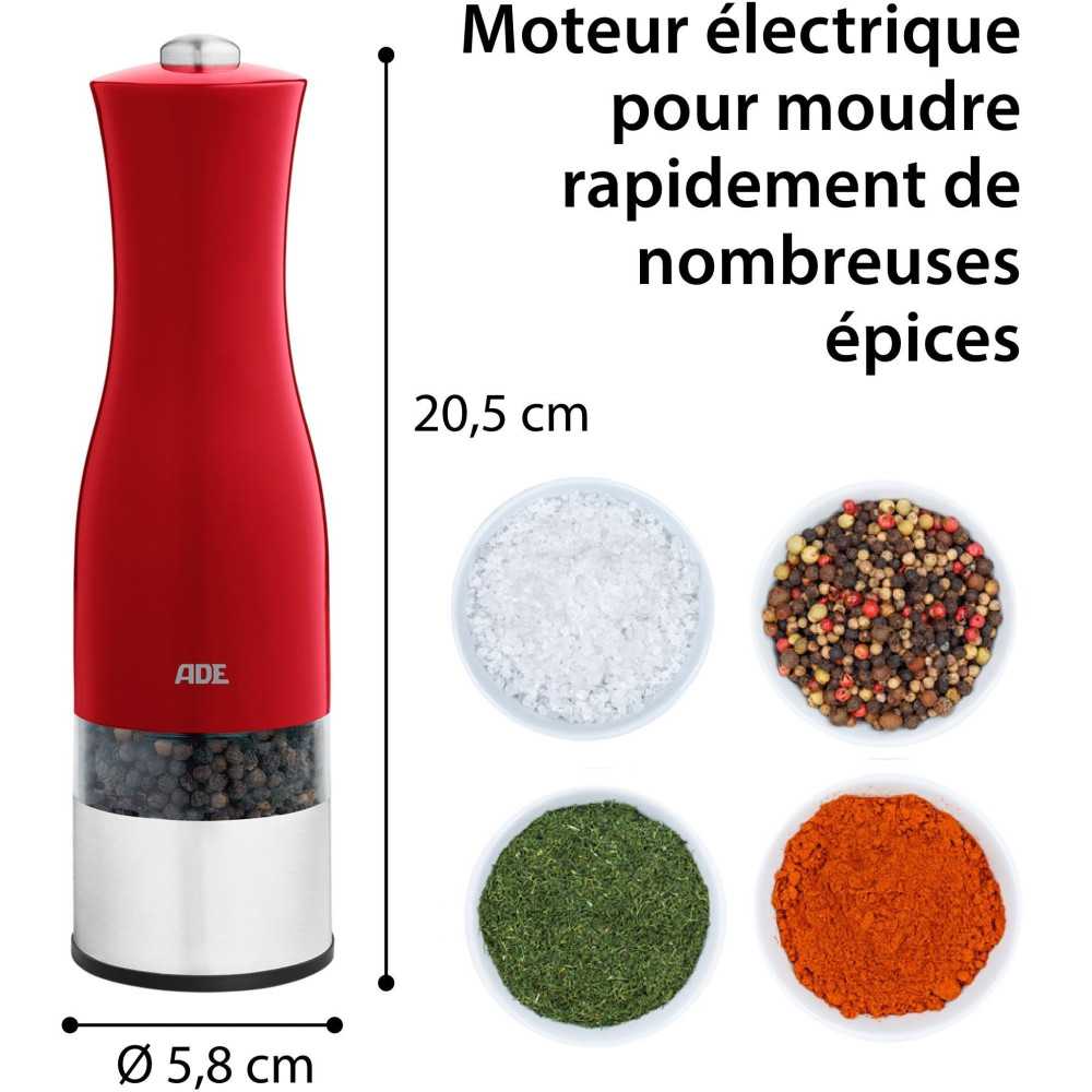 Moulin Poivre/sel électrique - Ade -kitchen Gadgets - Acier Inoxydable/plastique - H 22,5 Cm - Inclus 6 Pilles Aaa - Rouge ADE - Mathon - 5