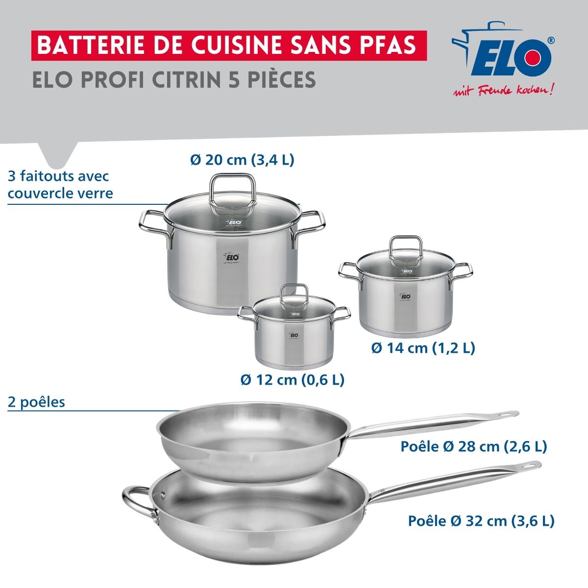 Ensemble de 2 Poêles de cuisson 28 et 32 cm et 3 faitouts 12, 14 et 20 cm  Profi Citrin Elo - Mathon - 2