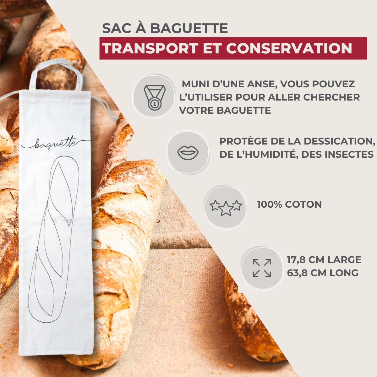 Sac de conservation pour baguette de pain en coton  Nature Fackelmann - Mathon - 3