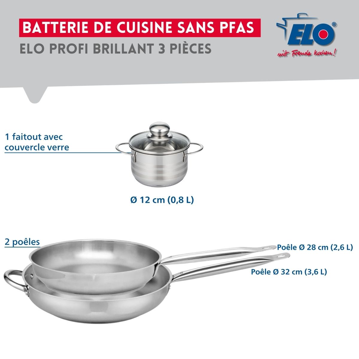Ensemble de 2 Poêles de cuisson 28 et 32 cm et 1 faitout 12 cm  Profi Brillant Elo - Mathon - 2