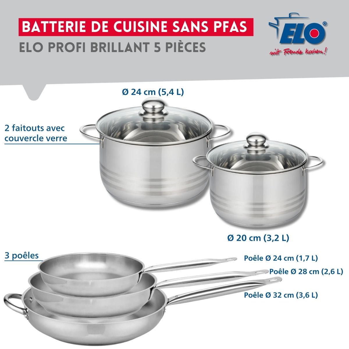 Ensemble de 3 Poêles de cuisson 24, 28 et 32 cm et 2 faitouts 20 et 24 cm  Profi Brillant Elo - Mathon - 2