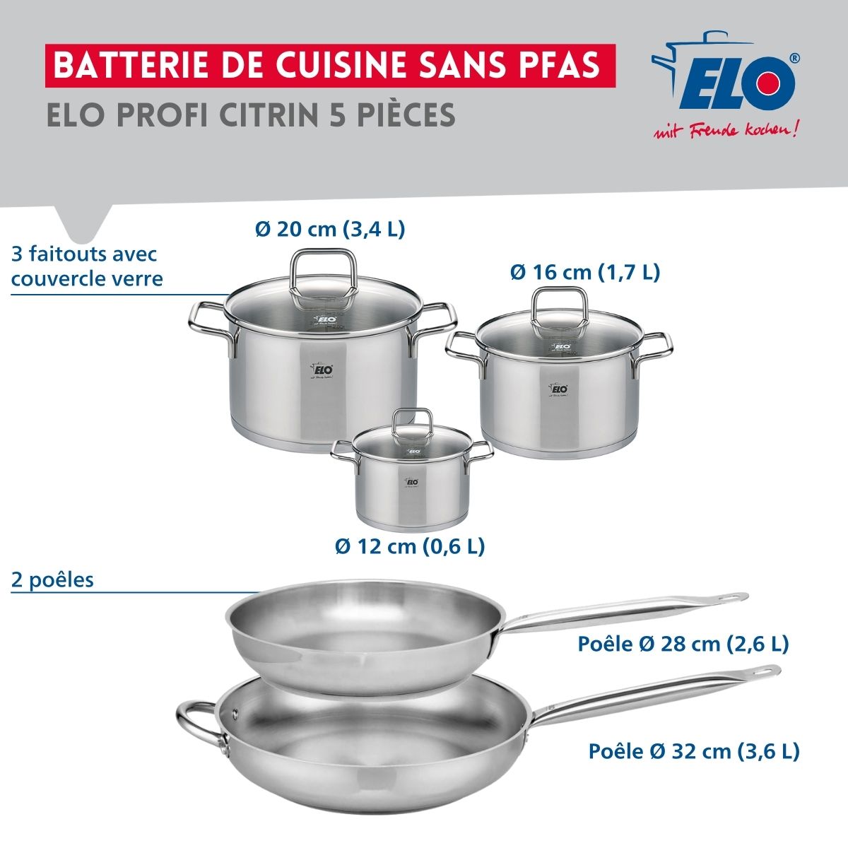 Ensemble de 2 Poêles de cuisson 28 et 32 cm et 3 faitouts 12, 16 et 20 cm  Profi Citrin Elo - Mathon - 2