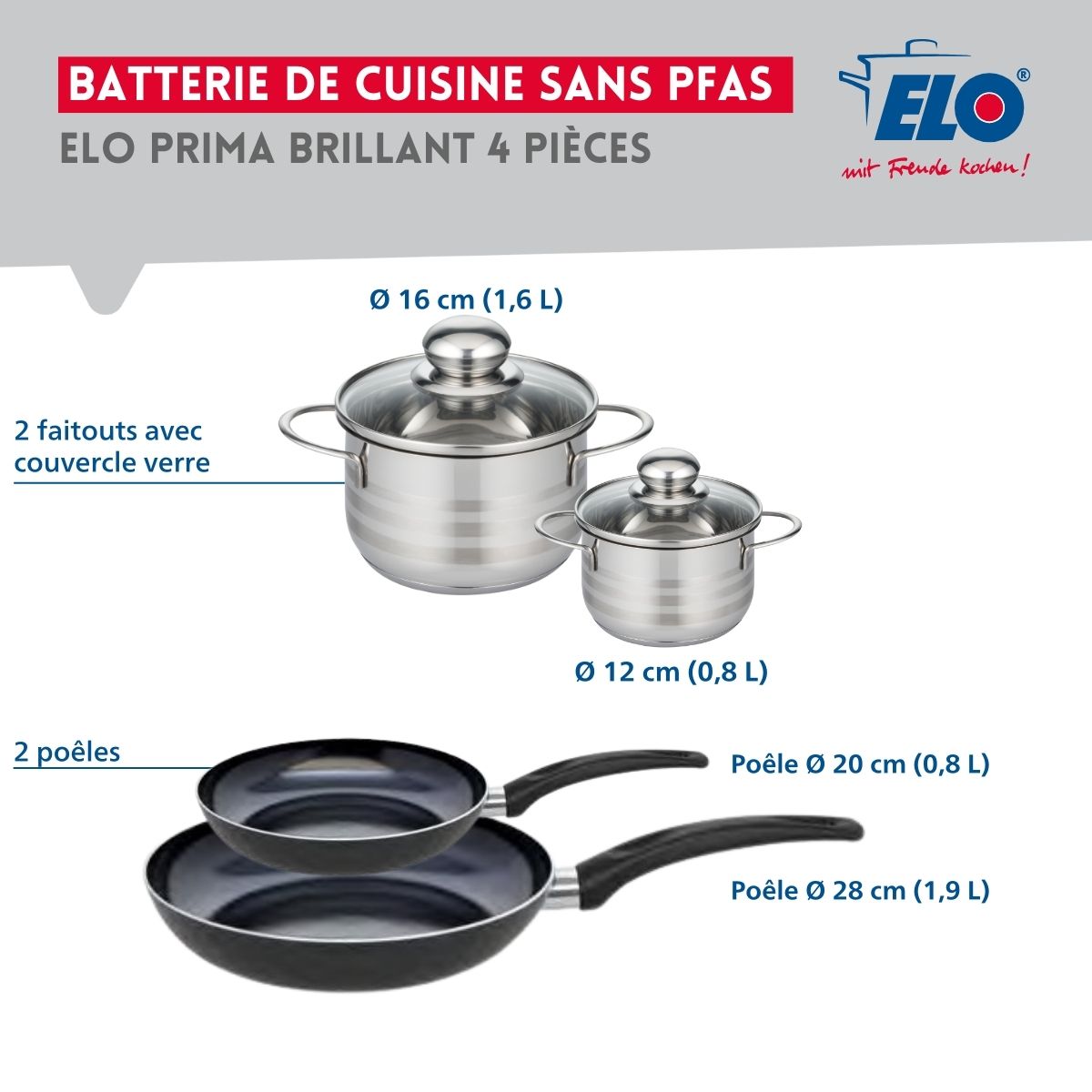 Ensemble de 2 Poêles de cuisson 20 et 28 cm et 2 faitouts 12 et 16 cm  Prima Brillant Elo - Mathon - 2