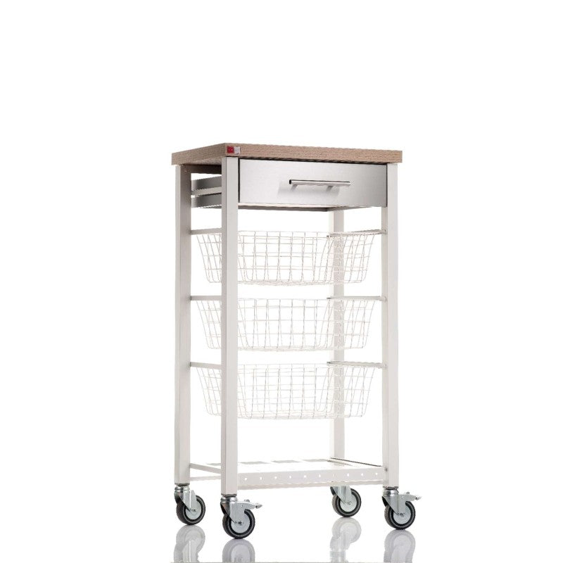 Desserte de cuisine onda – plateau décor bois orme, façade du tiroir en inox et 3 paniers de rangement Don Hierro - Mathon - 1