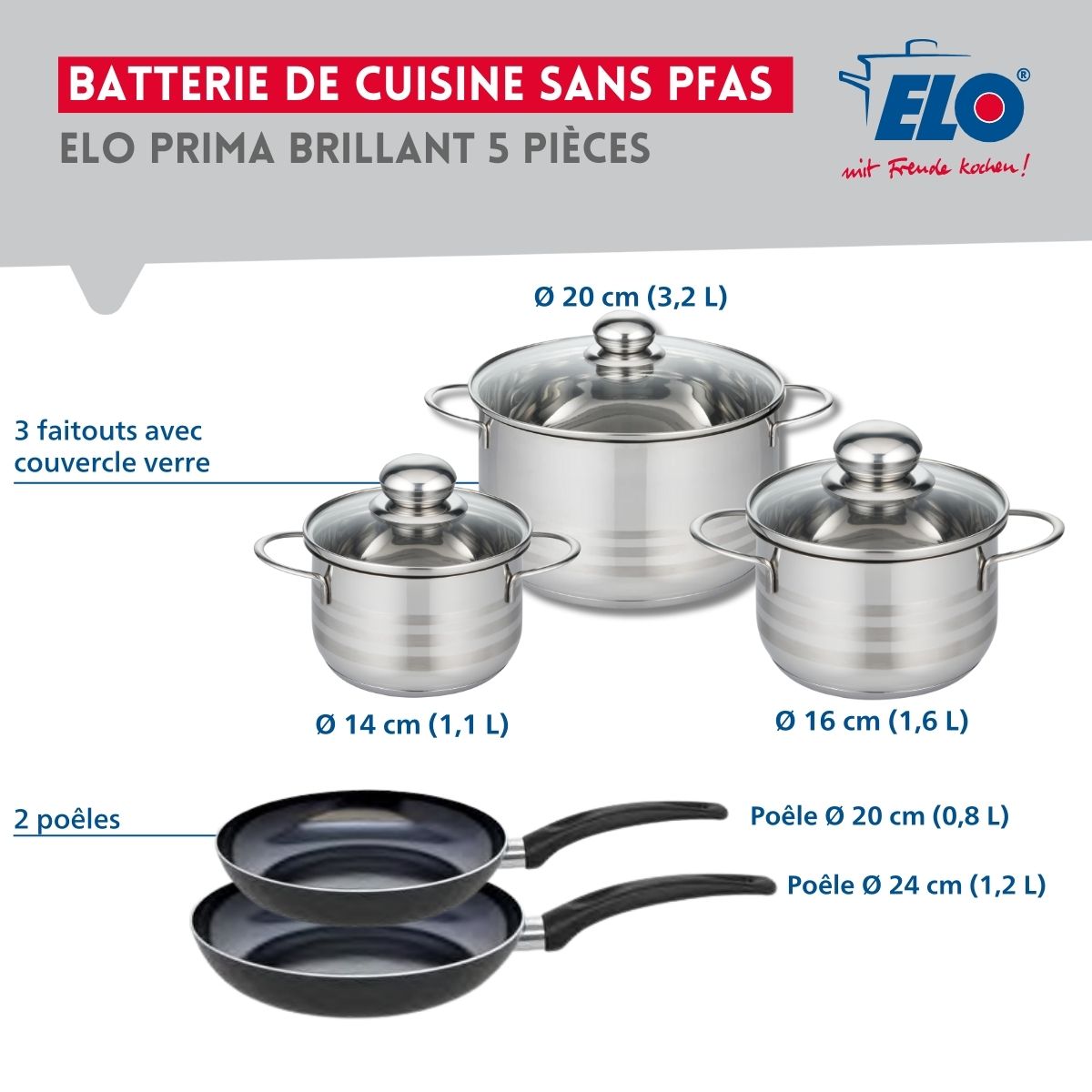 Ensemble de 2 Poêles de cuisson 20 et 24 cm et 3 faitouts 14, 16 et 20 cm  Prima Brillant Elo - Mathon - 2