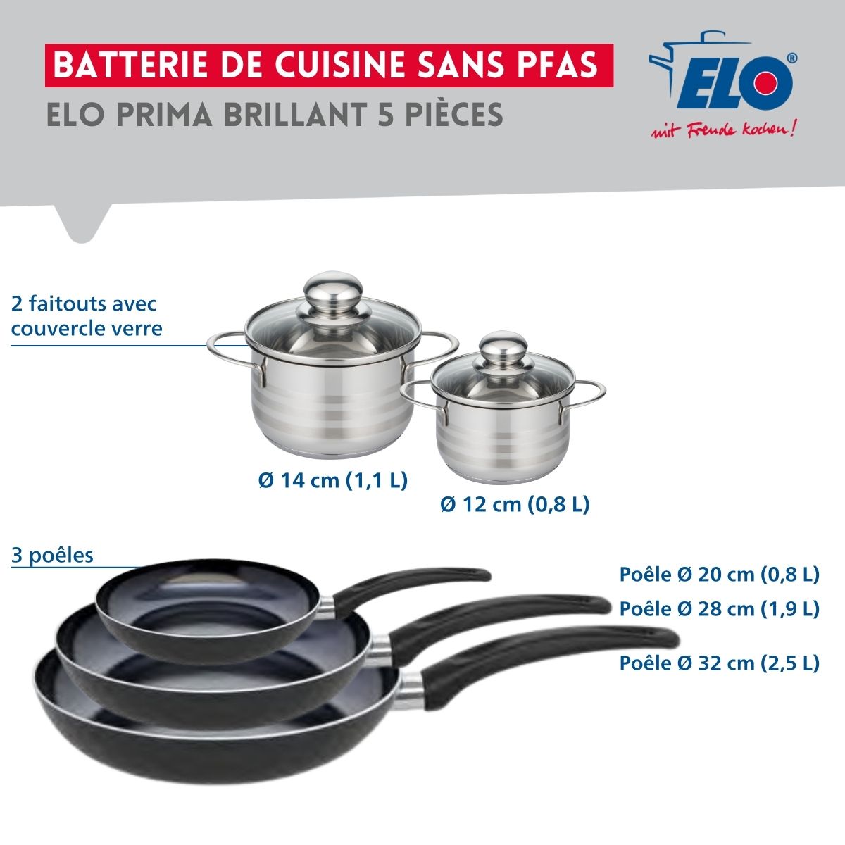 Ensemble de 3 Poêles de cuisson 20, 28 et 32 cm et 2 faitouts 12 et 14 cm  Prima Brillant Elo - Mathon - 2